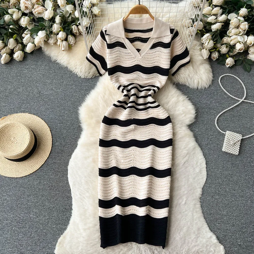 Short Sleeves Striped Long Dress Lapel Neck Hollow Out Slim Bodycon Sundress Fashion Hotsweet Knitted Beach Midi Dress