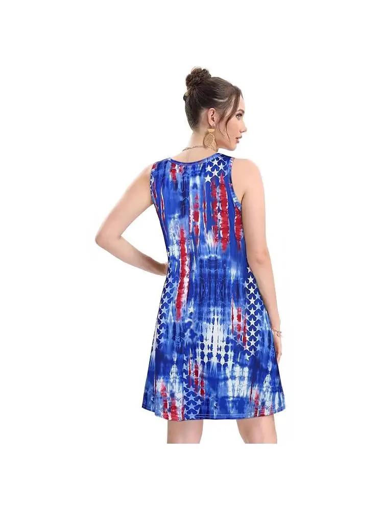 Summer Casual Flag Print round Neck Vest Dress Women's Style Polyester Fiber No Chest Pad Wear Method See Details