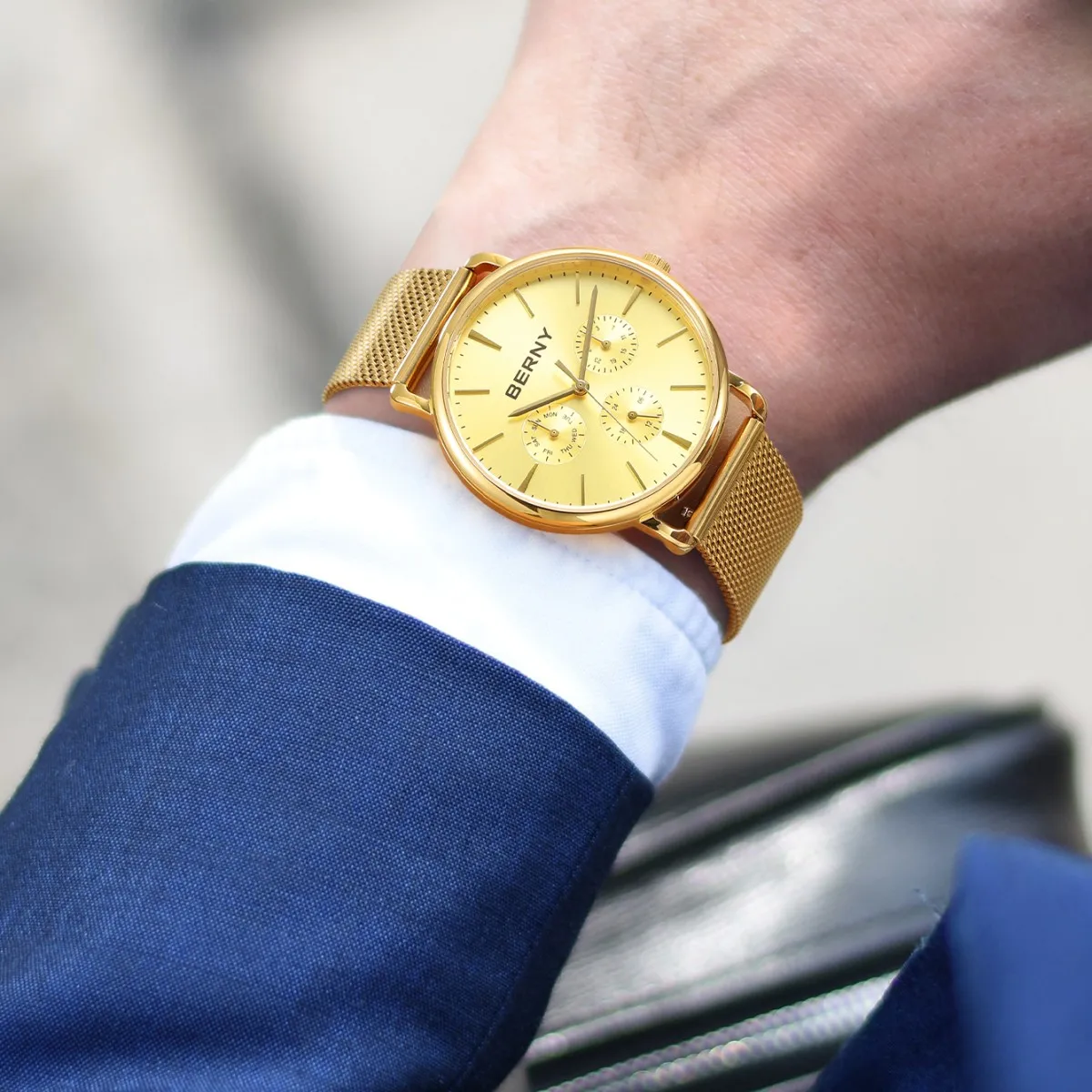 BERNY Herrenuhr mit Kalender und Wochenanzeige, moderner Stil, klassisch, elegant, schlanke Quarzuhr, Edelstahl 6P29 5ATM Armbanduhr – Detail 15