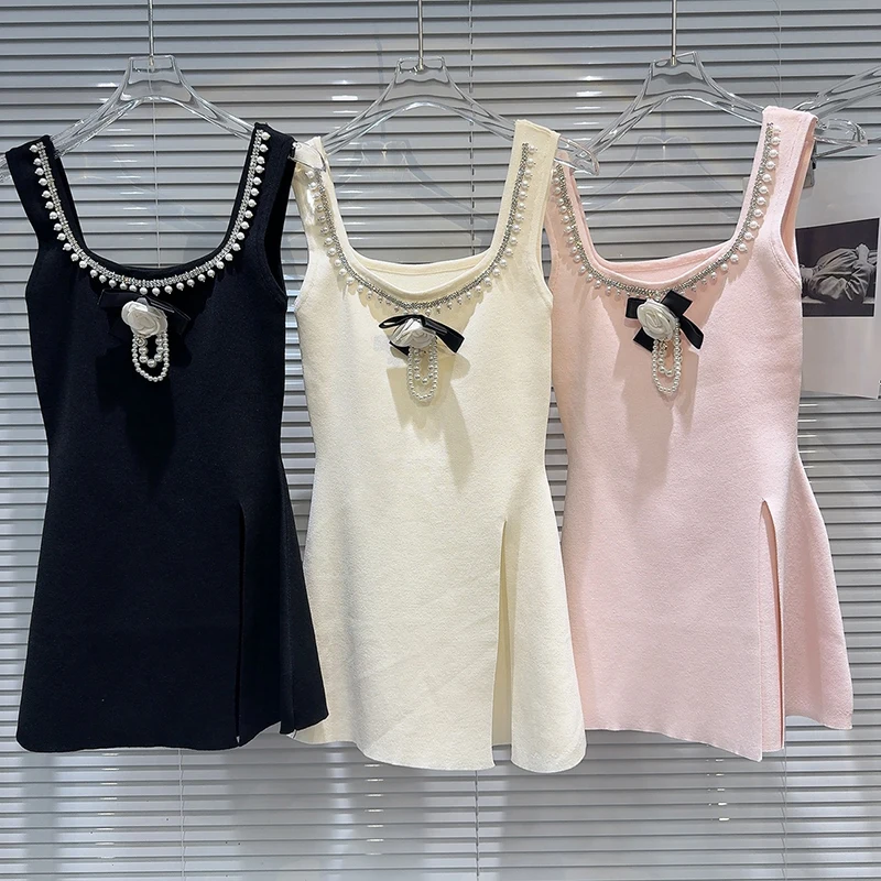 

2025 Women Summer New Fashion Small Fragrant Style Pearl Edge Flower Pin Sweet Knitted Tank Elegant Temperament Dress