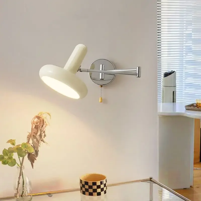 Bauhaus Swing Arm Swivel Wall Lamp with Plug-in Cord Modern LED Lights Bedroom Bedside Rotary Reading Sconce Pull Wire Switch