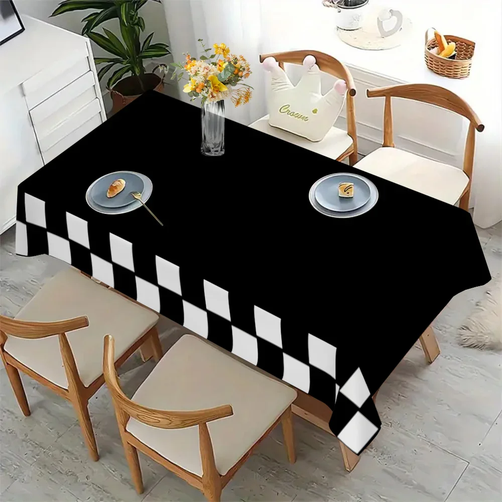 Car birthday party theme - black and white checkered racing pattern - home decoration - rectangular polyester tablecloth