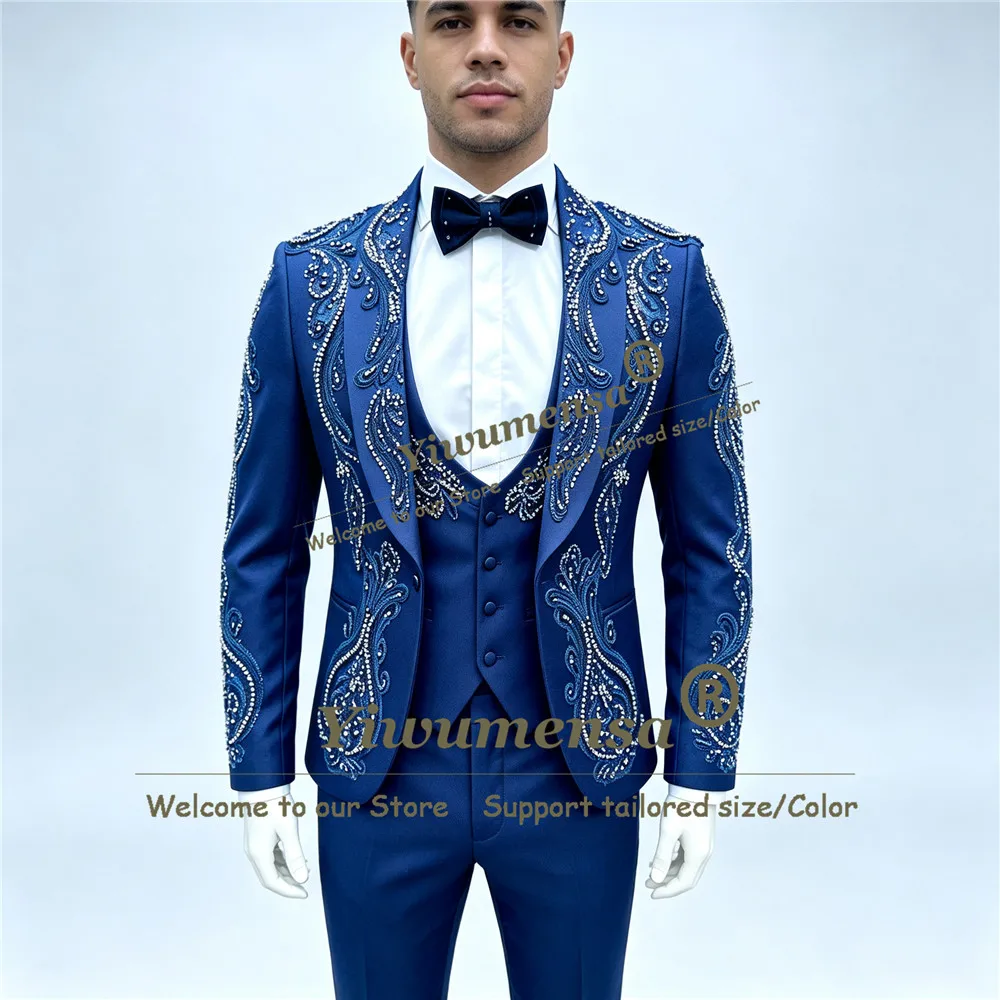 Handsome Groom Tuxedo Suit For Wedding Colorful Beading Stones Prom Blazer Vest Pants 3 Piece Sets Costumes Hommes Customized