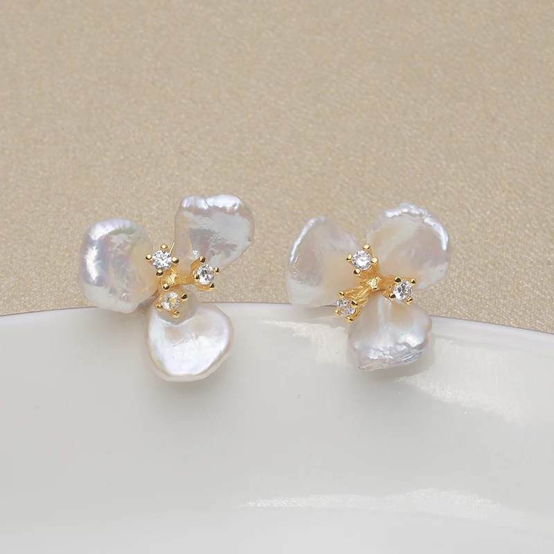 925 Sterling Silver Camellia Stud Earrings with Freshwater Pearls and Petal Baroque Pearls  earrings for women EPA