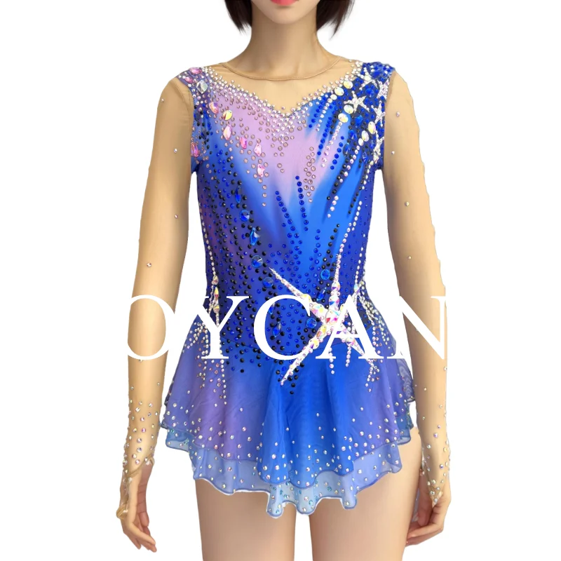 

JoyCan Ice Figure Skating Dress Girls Blue Spandex Stretchy Competition Dance Wear Customized