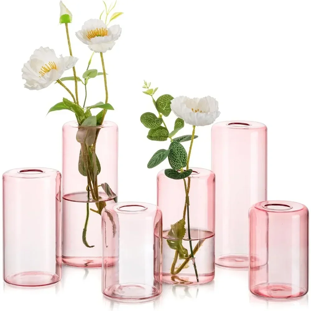 Decoration Home Decor Small Glass Bud Vases for Centerpieces – 6pcs Pink Blown Single Flower Vases Bulk Wedding Table Decoration