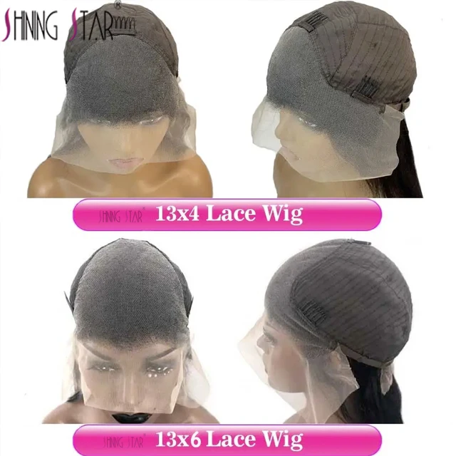 Perruque Lace Frontal 13x4 « Wear and Go » sans colle, cheveux naturels, texture ondulée (Body Wave), couleur bordeaux ; perruque Lace Closure 13x6 sans colle, prête à porter.