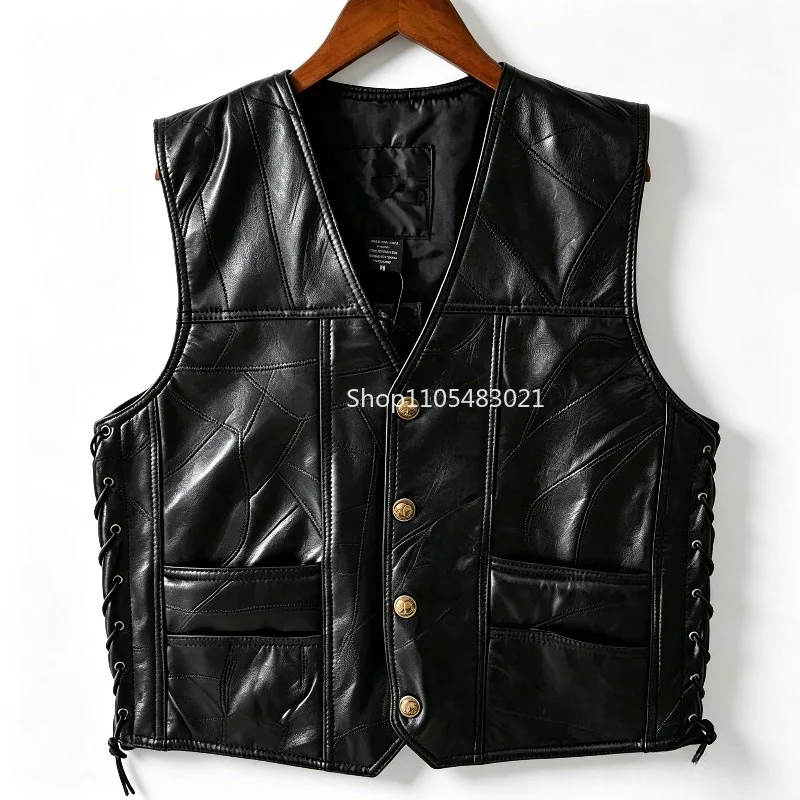 Men's Black Patchwork Leather Biker Vest, Button-Up Sleeveless Motorcycle Jacket with Lace-Up Sides & Pockets for Streetwear