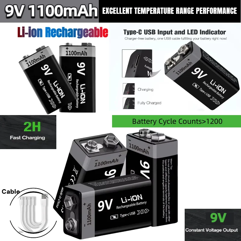 

100% New 9V Battery Rechargeable 1100mAh USB Type-C Rechargeable 6F22 9V Li-ion Battery for RC Helicopeter Model Multimeter Toys