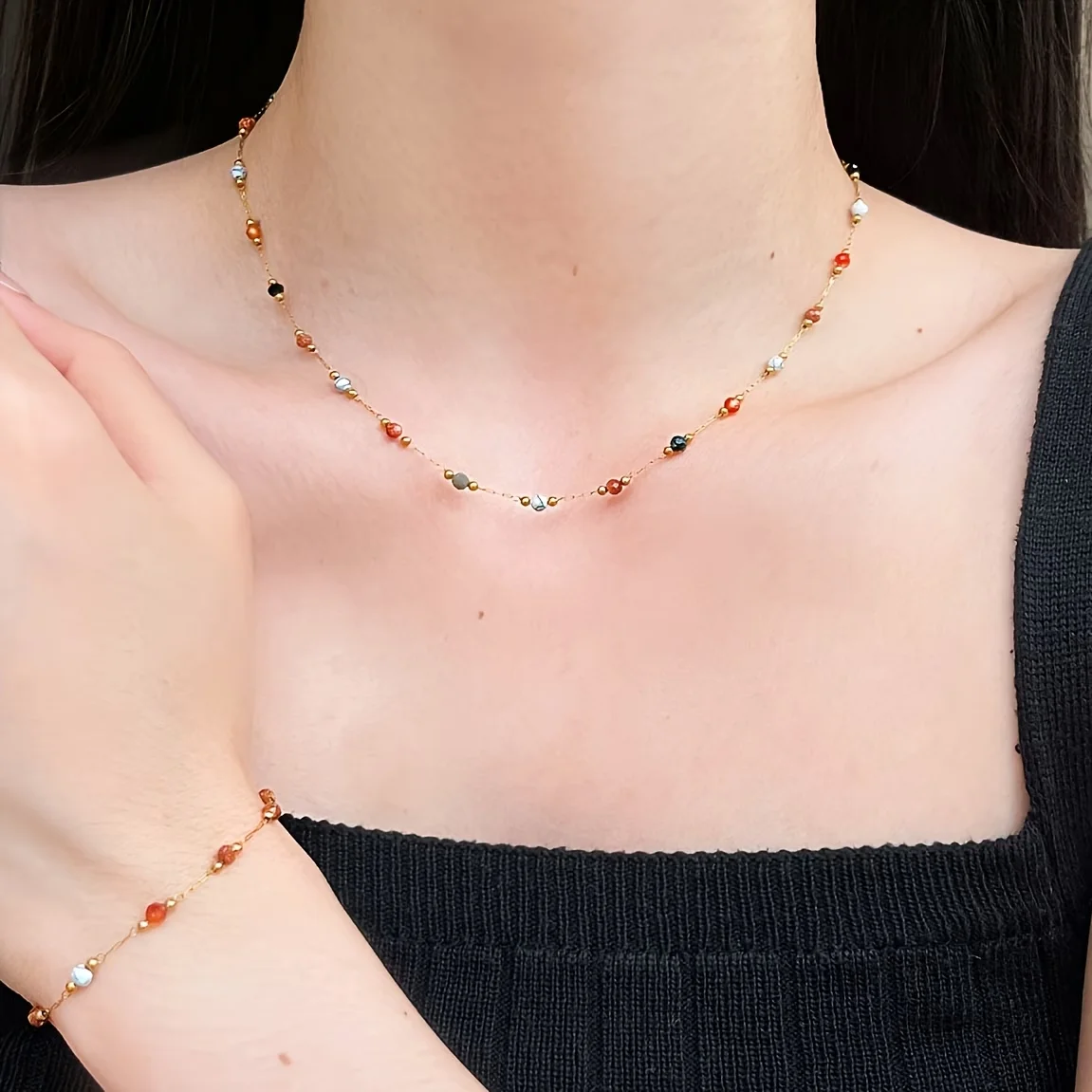 2pc Bohemian Multicolor Stone Necklace & Bracelet Set