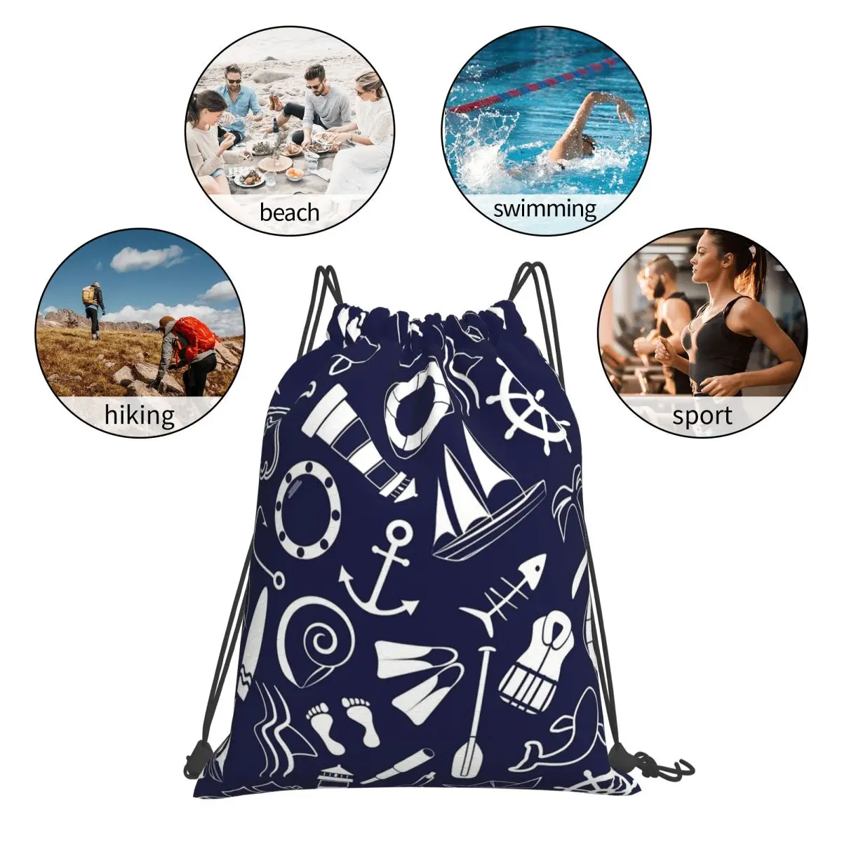 Nautical Backpacks Casual Portable Drawstring Bundle Pocket Sports Bag Book Bags For Man Woman Students