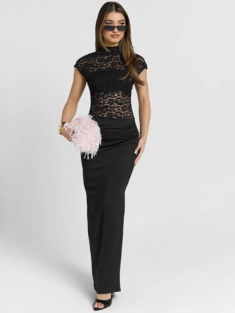 

Blifanbo кружевное лоскутное водолазка сексуальное платье макси женское платье с коротким рукавом тонкое с разрезом однотонное с высокой талией элегантное клубное вечернее платье