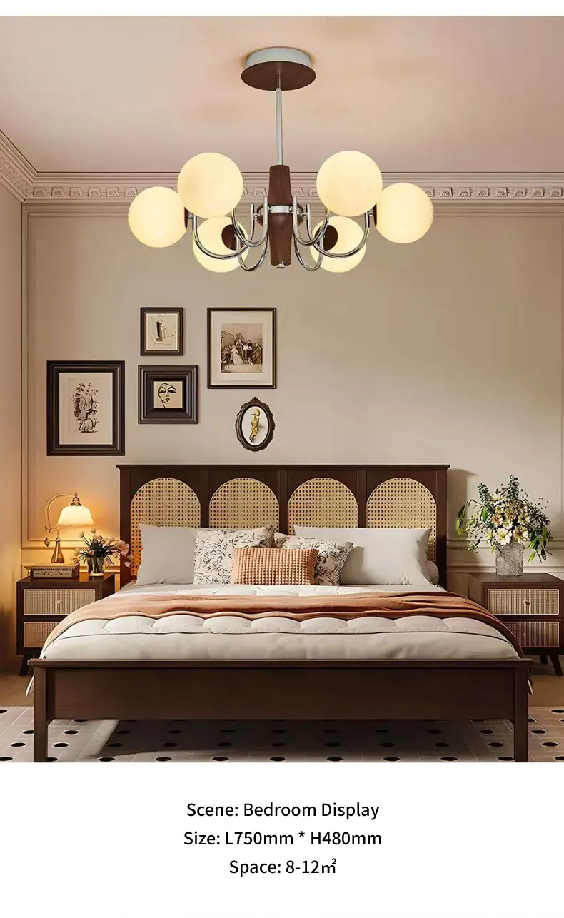 Glass Globe E27 Chandelier Living Room Wood Pendant
