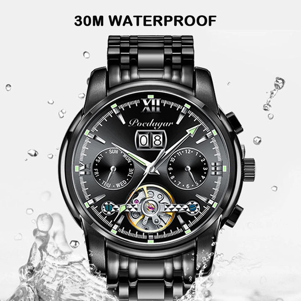 Skeleton Tourbillon Mechanical Watch Men Automatic Classic Silver Stainless Steel Mechanical Wrist Watches with Box Reloj Hombre