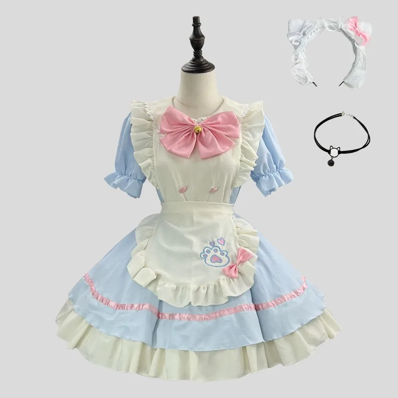 Women Sweet Cat Paw Maid Cosplay Dress Ruffle Apron Dress with Pink Bow Headband and Choker for Party view 4
