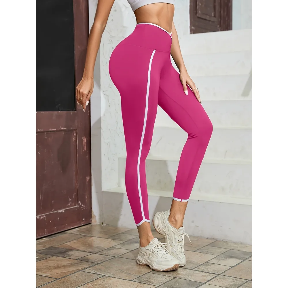 Cross-waist Contrast Color High-waist Sports Leggings, Running Exercise Fitness Yoga Leggings, Autumnwinter Womens Sportswear