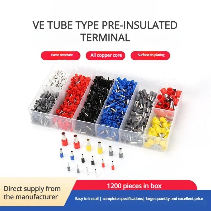 1200 Mixed Box VE Tube Type Terminal Pin Cold Pressed Wiring Terminal Portable Pre-insulated Wiring Ear Copper Nose