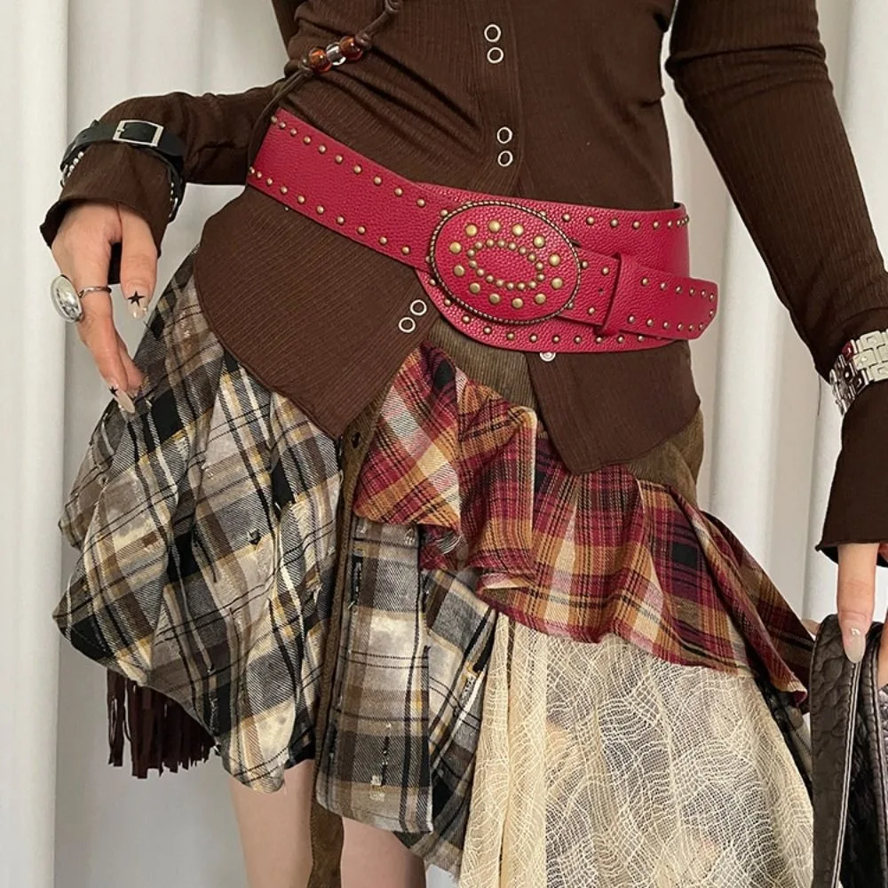 

Casual Rivet Retro Street Rivet Belt Rhinestone Flower Harajuku Wide Waistband Round Buckle Y2K PU Leather Belt Girl