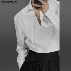 INCERUN Tops 2024 Korean Style New Men Personality Solid V-neck Buckle Design Shirts Casual Streetwear Long Sleeved Blouse S-5XL