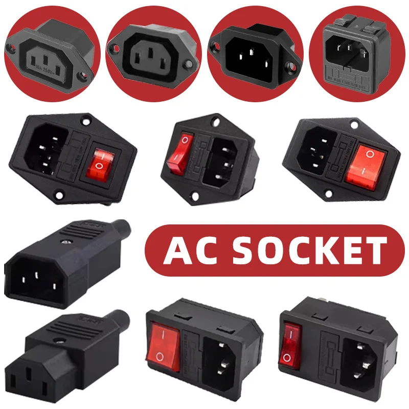 3 Pin Rocker Switch IEC 320 C13 C14 Electrical Power Socket 250V 10A Fuse Inlet Outlet Plug Male Female Rewirable Connector