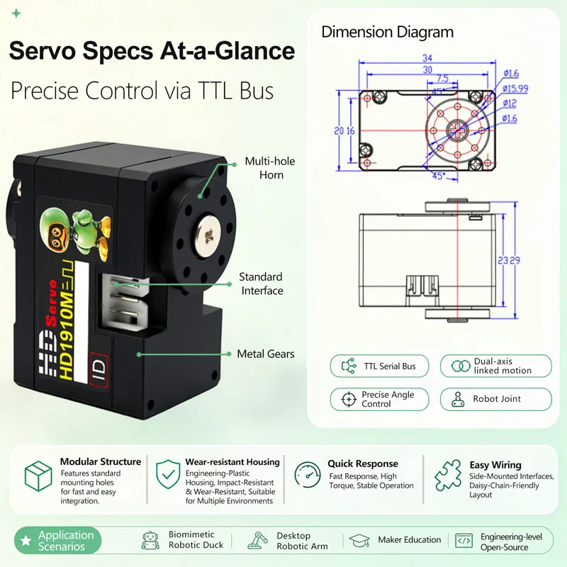 Feetech HD-1910 6V 12KG Dual-axis TTL Bus Servo Coreless Motor Metal Gear 360° Magnetic-encoded Servo for Microduck AI Robot