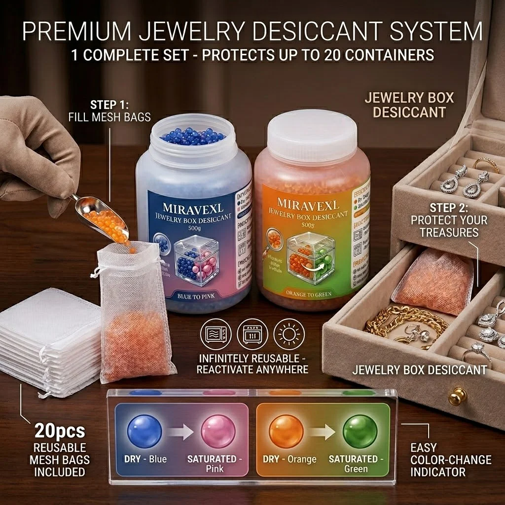 Reusable Color-Changing Silica Gel Desiccant Beads for Jewelry Boxes, Anti-Tarnish Moisture Absorber to Protect Silver & Gold