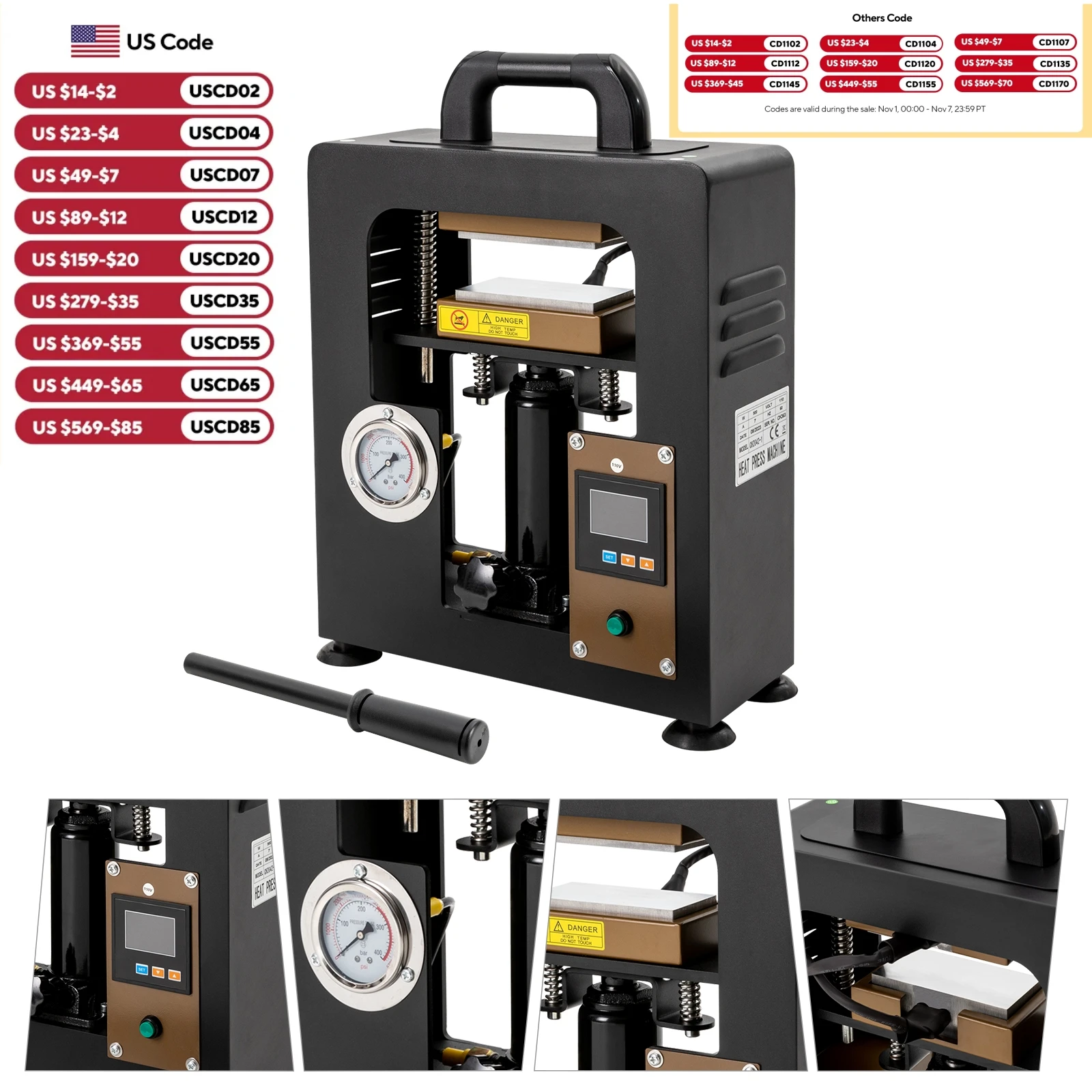 

10T Hydraulic Heat Press Machine with LCD & Pressure Gauge, 900W Fast Heating for PU, Plastic, Textiles – US Plug 110V