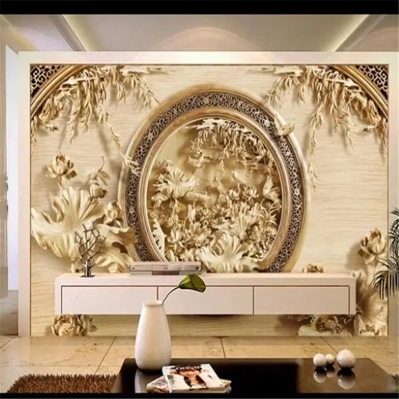 Customized wallpaper 3D wood carving lotus flower living room TV background wall decoration painting mural papier peint