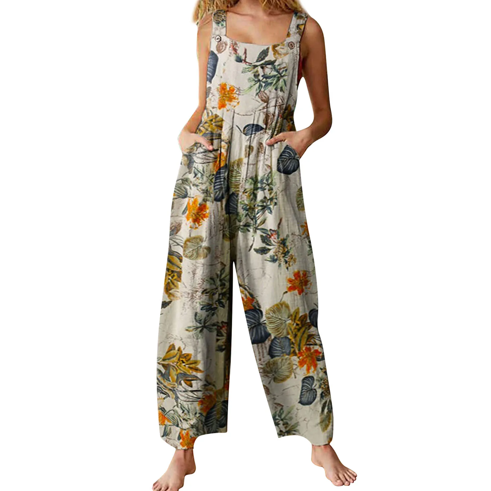 Women Boho Overall Pants Retro Floral Print Sleeveless Jumpsuit Suspender Trousers with Pockets Female Loose Jumpsuits Plus Size