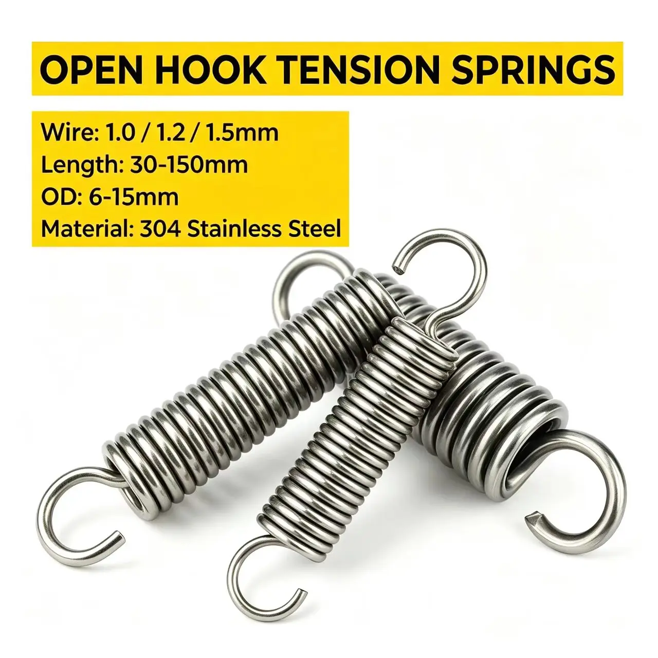 304 Stainless Steel Open Hook Tension Spring Wire 1.0/1.2/1.5mm OD 6-15mm Length 30-150mm Coil Extension Draw Spring for Machine