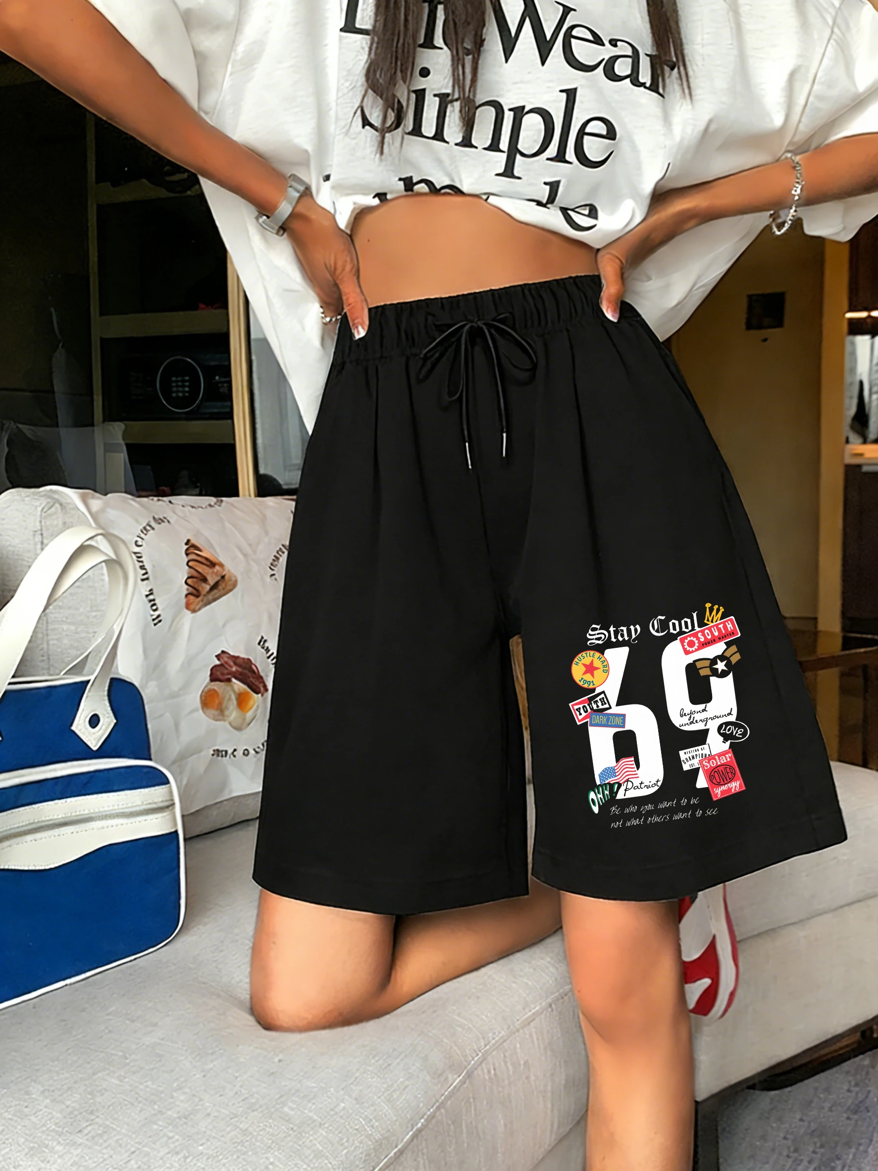 Stay Cool Hip Hop Digit 69 Print Women'S Shorts Wide Leg Comfortable Streetwear Elasticity Jogging Pant Summer Gym Short Pants