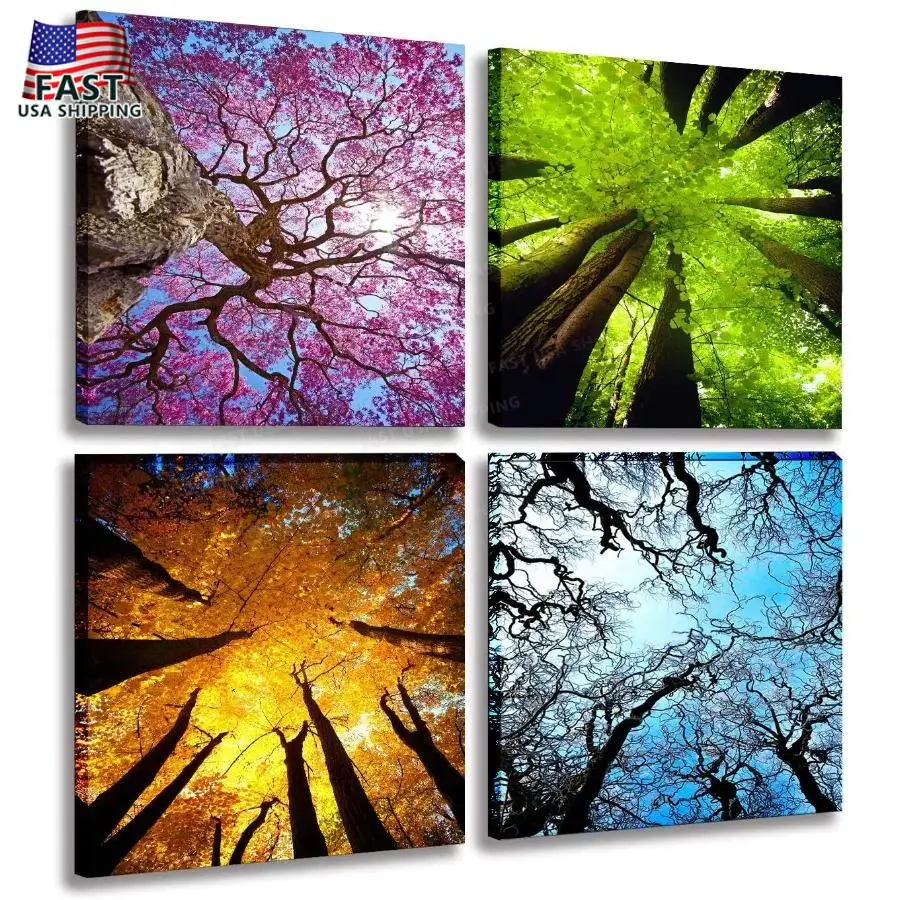 4 Panels Canvas Wall Art Spring Summer Autumn Winter Four Seasons Landscape Tree Painting Prints Modern Giclee Artwork Stretche