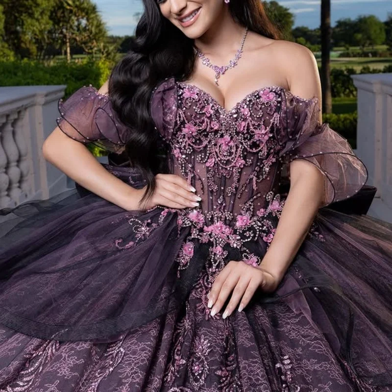 

Лавандовое платье Quinceanera с золотыми блестками и цветочной наклейкой, кружевное многослойное платье с рюшами и длинным хвостом и бантом, Vestidos De 15, Quinceanera ﻿ Настроить