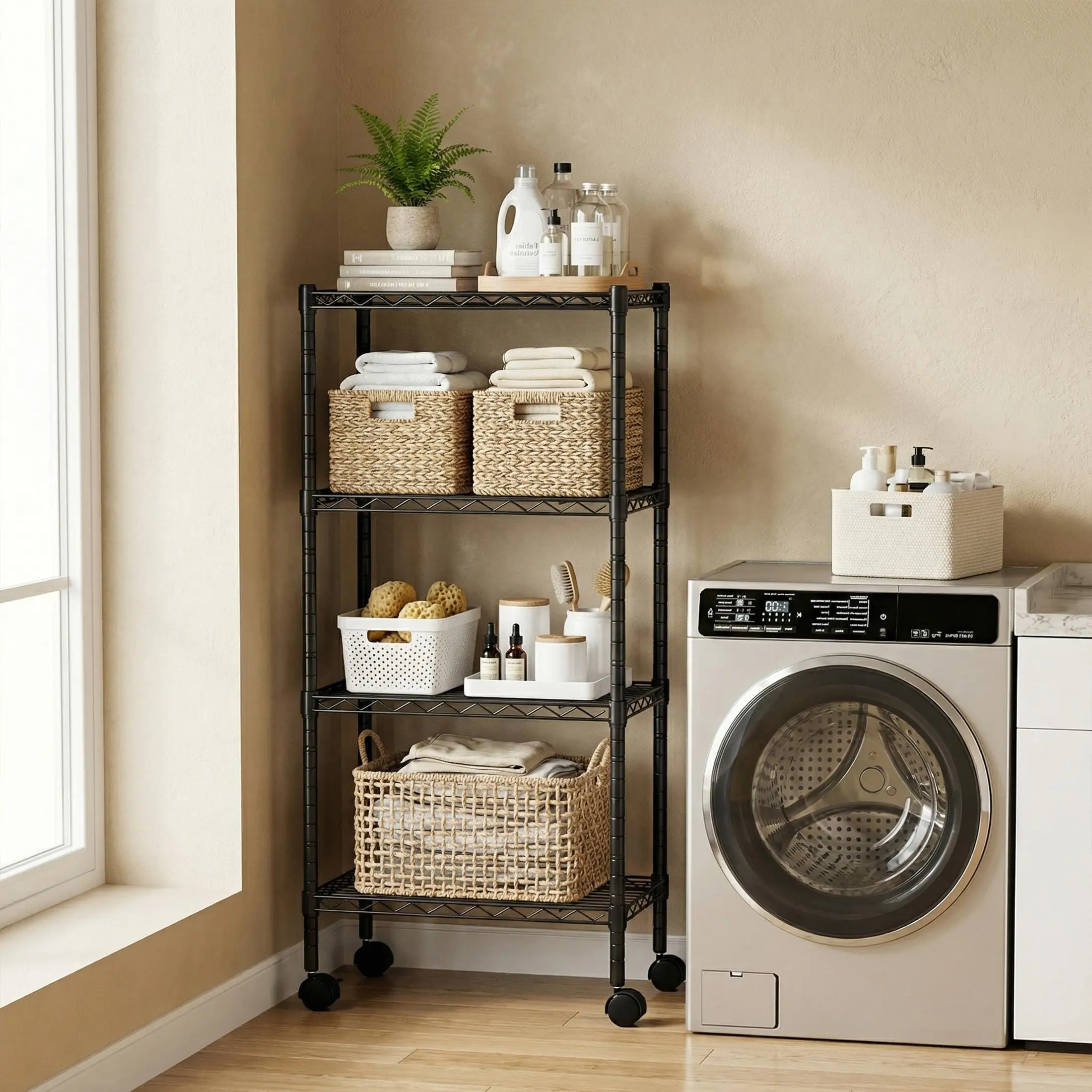 Adjustable Heavy Duty Metal Storage Shelving Unit Rolling Wire Shelf with Wheels Multi-Tier Utility Cart Display Rack Mobile Organizer for Garage Kitchen Pantry Home