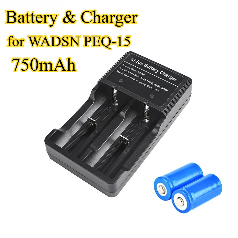 

5 шт., 750 мАч, 3,7 В, 16340, литий-ионный аккумулятор и зарядное устройство для тактического лазерного фонарика WADSN PEQ-15, перезаряжаемая батарея