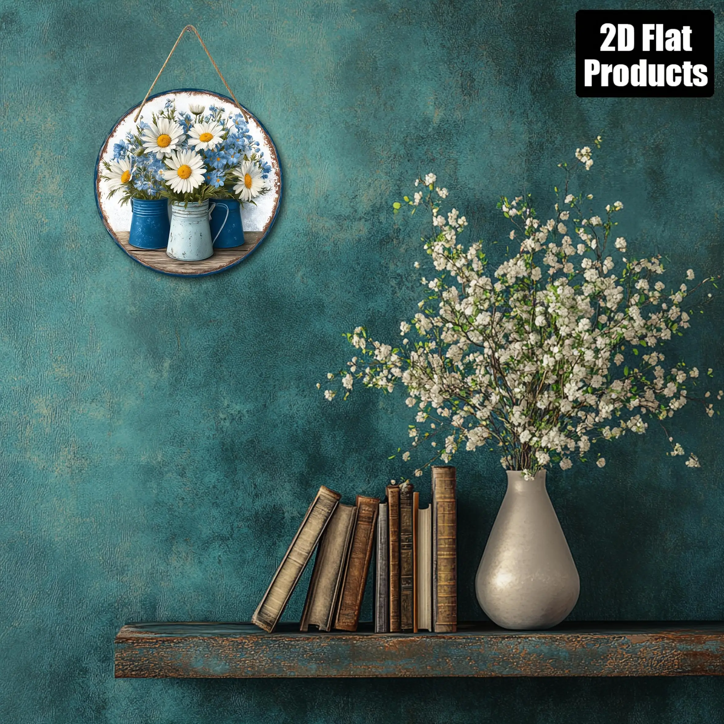 2D Flat, A 2D Flat-printed Wooden Round Wooden Board Decorative Sign Plaque, 1pc, with a Small Daisy Theme, Suitable for Bar, Ki