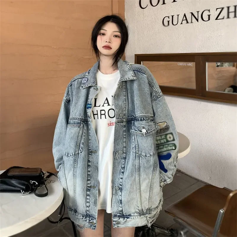 Veste en jean vintage RapIndustry pour femme, vêtements d'extérieur, rue frite, fouet adt, large initié, printemps, automne, nouveau