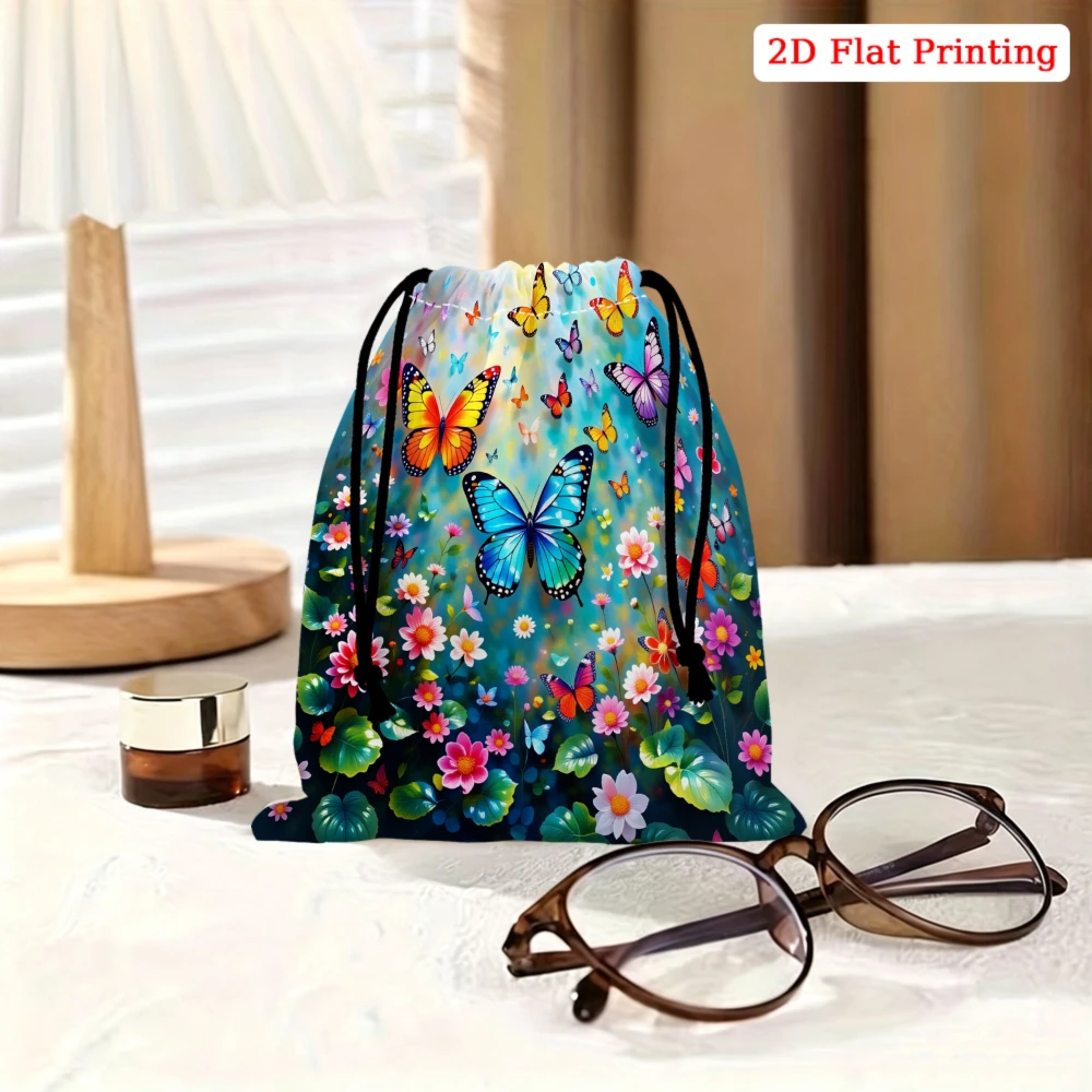 1Pc Butterfly Floral Print Drawstring Bag Multicolor Storage Small Pouch For Travel Cosmetics Glasses Organizer Portable Gift