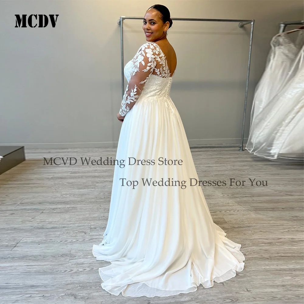 فساتين زفاف شيفون MCDV على شكل حرف v وأكمام طويلة بدون ظهر فساتين العروس المدنية مزينة رداء de mariée grande taille مخصصة