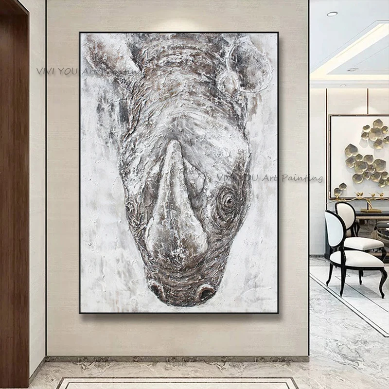 Handpainted Wall Oil Painting On Canvas Thick Texture Rhino Portrait Animal Oil Painting for Loft Office Bedroom Decor