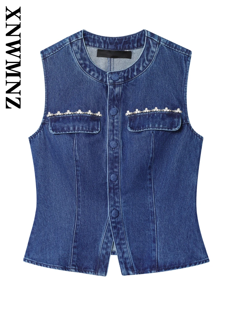 

XNWMNZ 2025 Spring New Women Clothing Commuting Casual Sleeveless Denim Gilet Chic Fashion Woman's Blue O-Collar Simple Vest