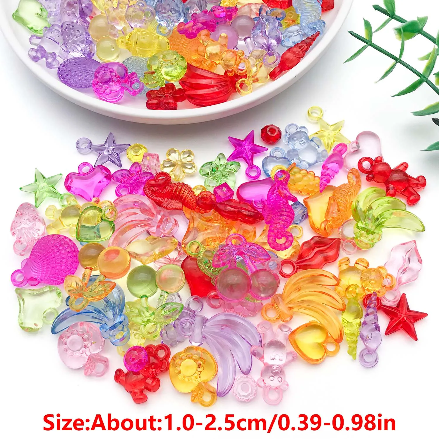 100pcs Transparent Acrylic Charms 3D Fruit, Heart, Marine Life Pendants for DIY Bracelet Necklace Jewelry Making Accessory