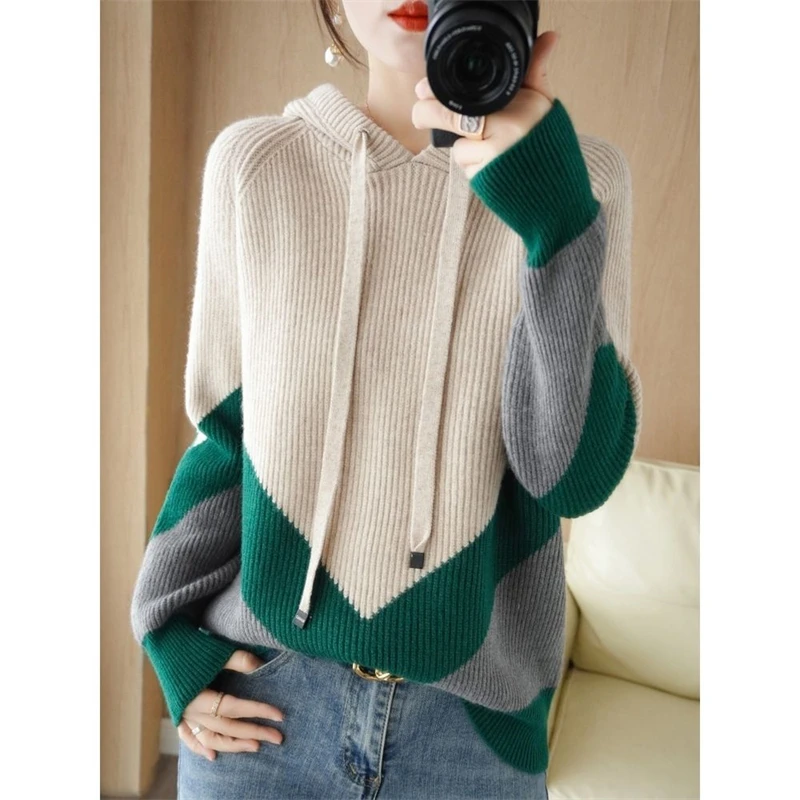 Women Clothing Fall Winter Trendy Contrast Color Hooded Sweater Casual Long Sleeve Loose Pullover Tops Drawstring Knitted Hoodie