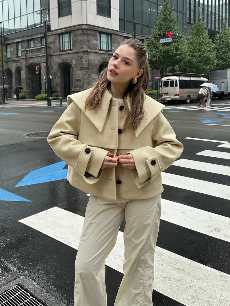 

Шикарное шерстяное пальто с темно-синим воротником, женское элегантное однотонное однобортное свободное короткое укороченное пальто, женская офисная верхняя одежда