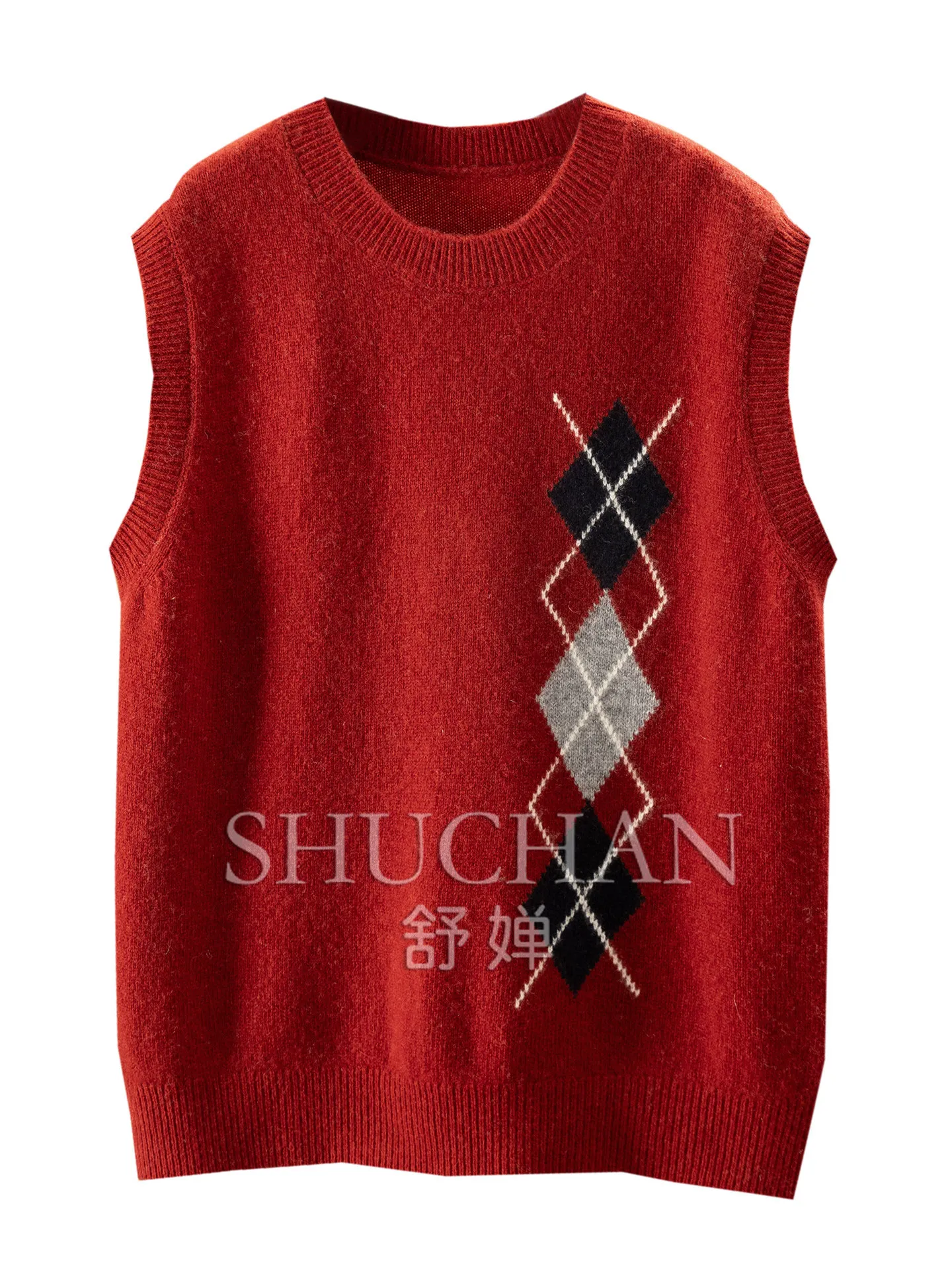 British Accent Tank Top Stacked College Style Inlaid Rhombus Thin Round Neck Wool Vest Women's 62G3