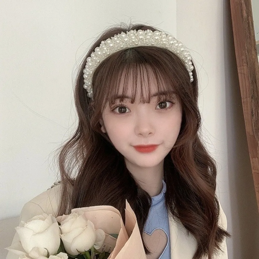 

Elegant Wide Side Bridal Hair Hoop Baroque Large Pearl Headbands Korean Style Handmade Women Hairbands Party