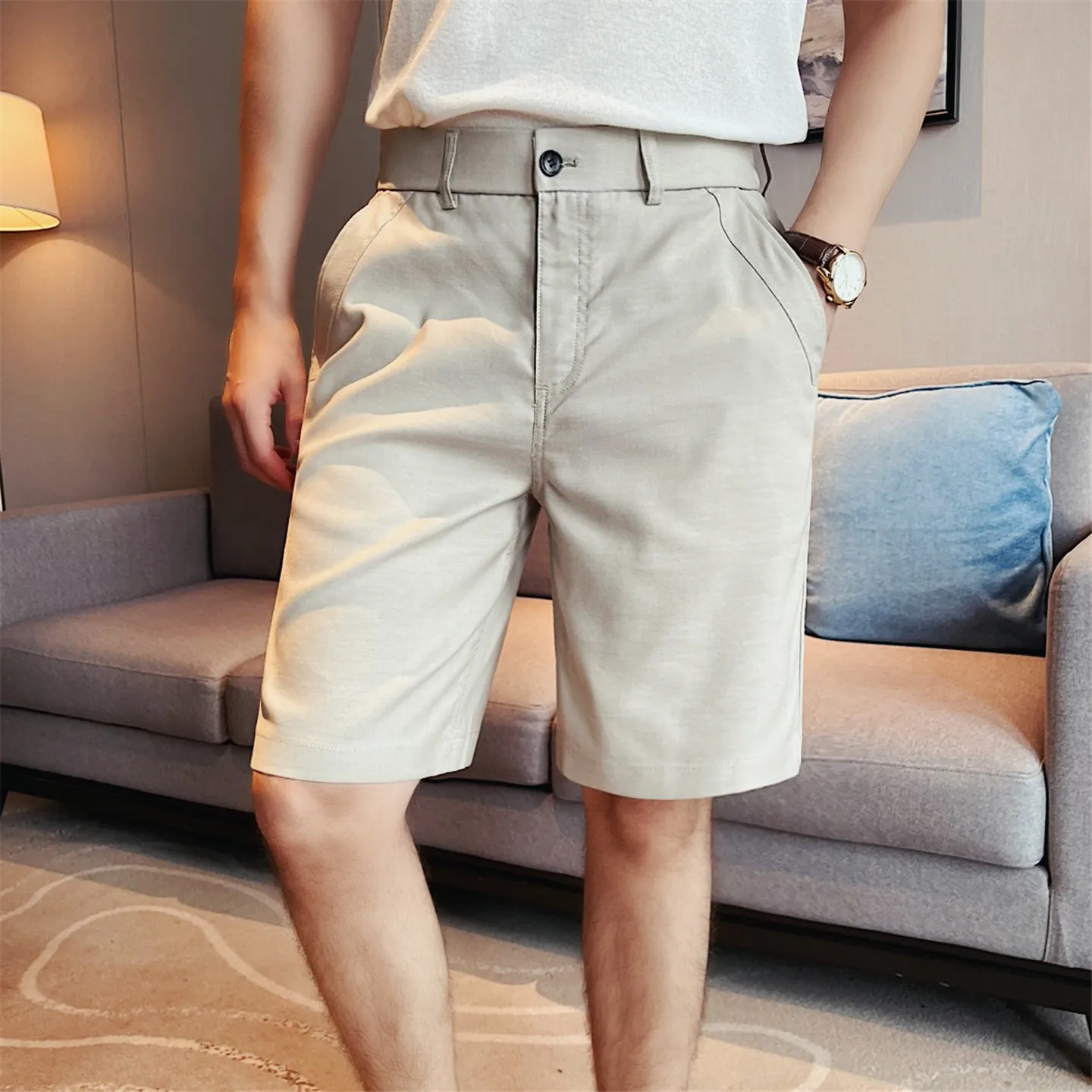 Men's Lyocell Linen Blend Knee Length Shorts, Elastic Back Waist Straight Fit Business Casual Summer Chino Bermuda Pants