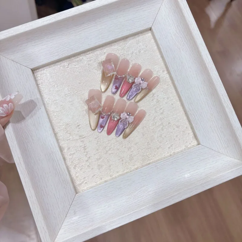 10 Pieces French Colorful Cat Eye Long Handmade Press On Top of Nail Drill Butterfly Fake Nails Removable Reusable