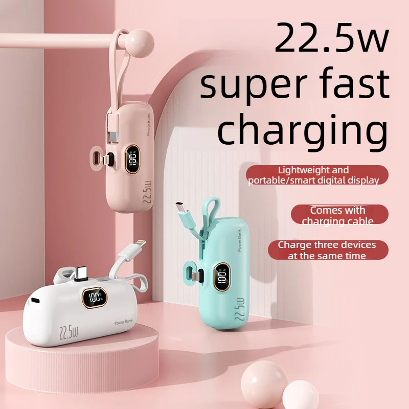 

Capsule power bank 5000mAh mini ultra-thin, compact and portable with its own cable Android PD fast charging mobile power supply