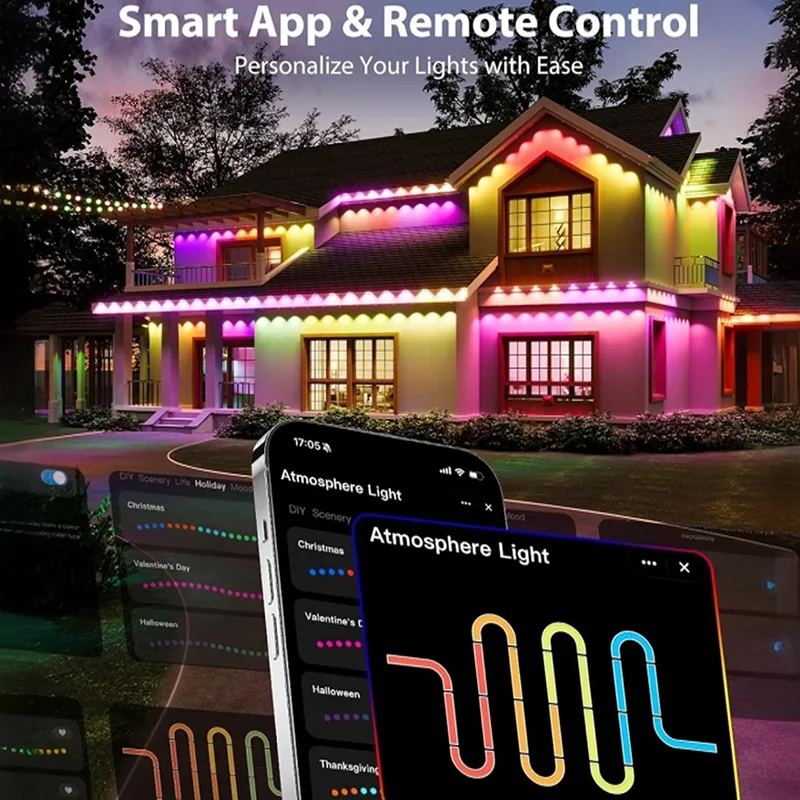 Lumières extérieures permanentes intelligentes RGBIC avant-toit lumières App et télécommande IP67 éclairage étanche pour la décoration de noël du toit de la maison